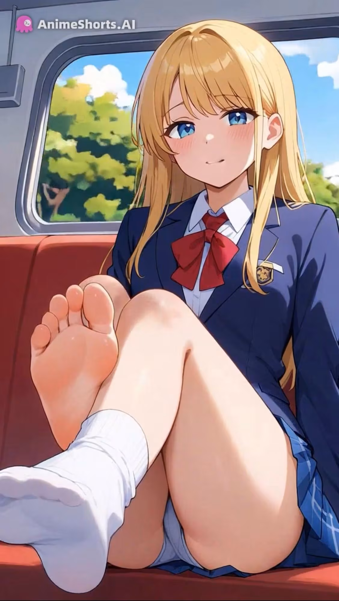 【セリフ音声付きアニメ4分35秒】足コキでオナサポ！えちえちバスに乗ると、ピチピチなミニスカ制服ギャルさんたちがご奉仕してくれます！パンティー、ブルマ、太もも、足の裏、ダボダボのルーズソックス、紺色靴下、素脚、お尻・・・