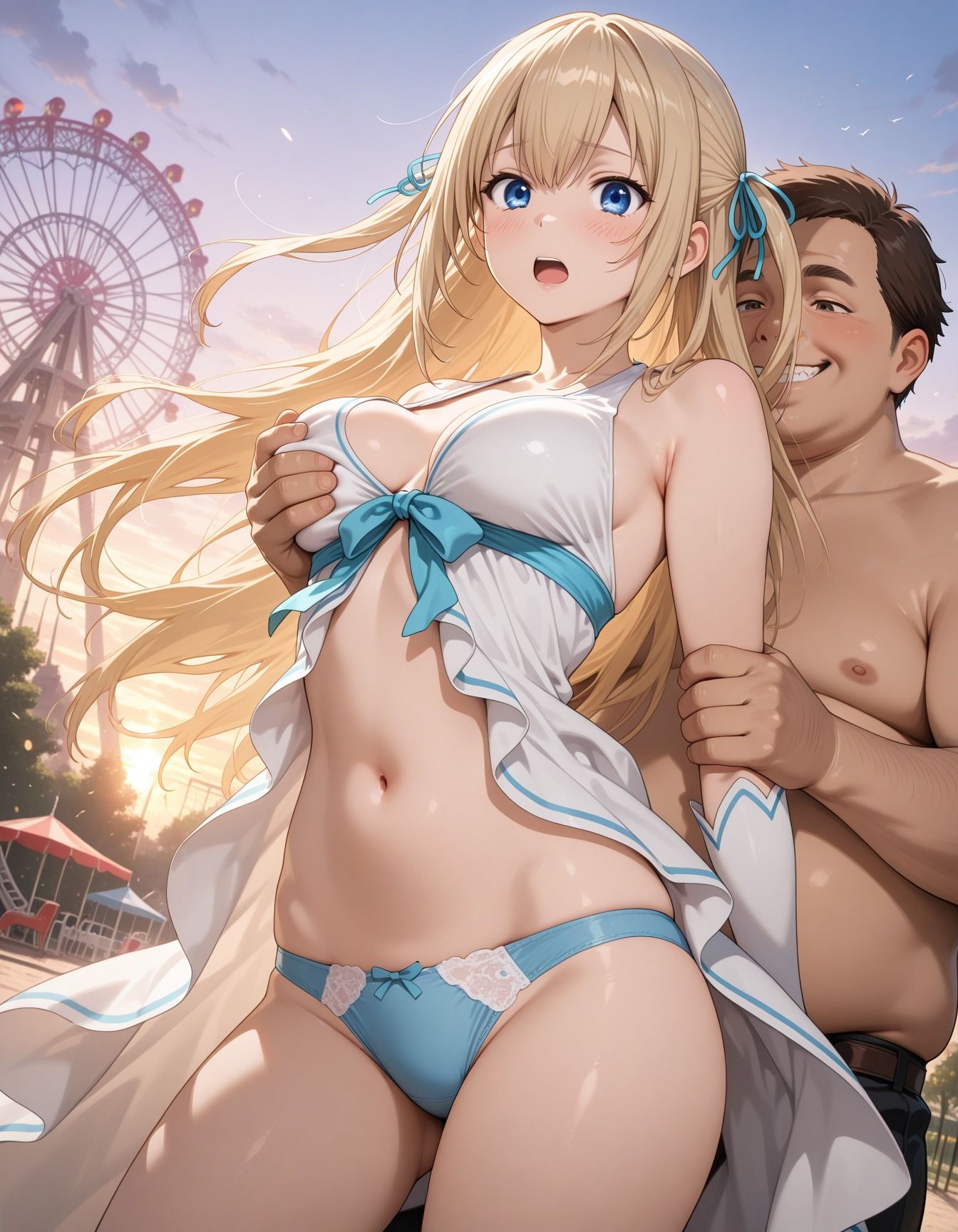 廃れた遊園地でキモ男集団に輪●された少女