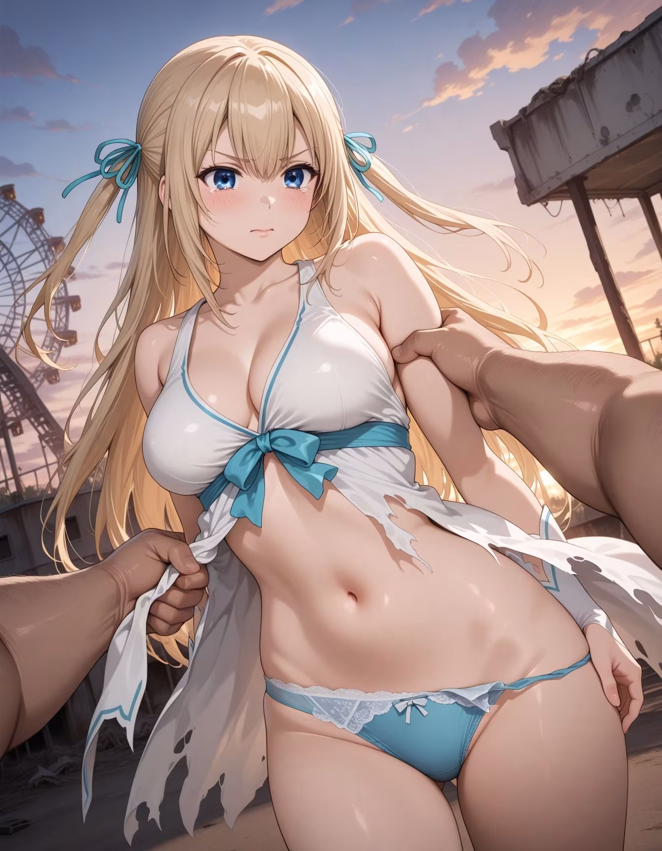 廃れた遊園地でキモ男集団に輪●された少女