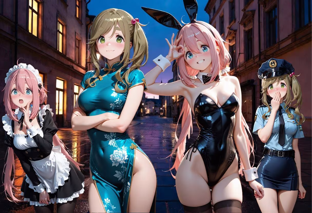 夜の街角で4人コスプレで大集合！ピンクメイド＆バニー＆チャイナドレス＆警察官がエッチに誘惑