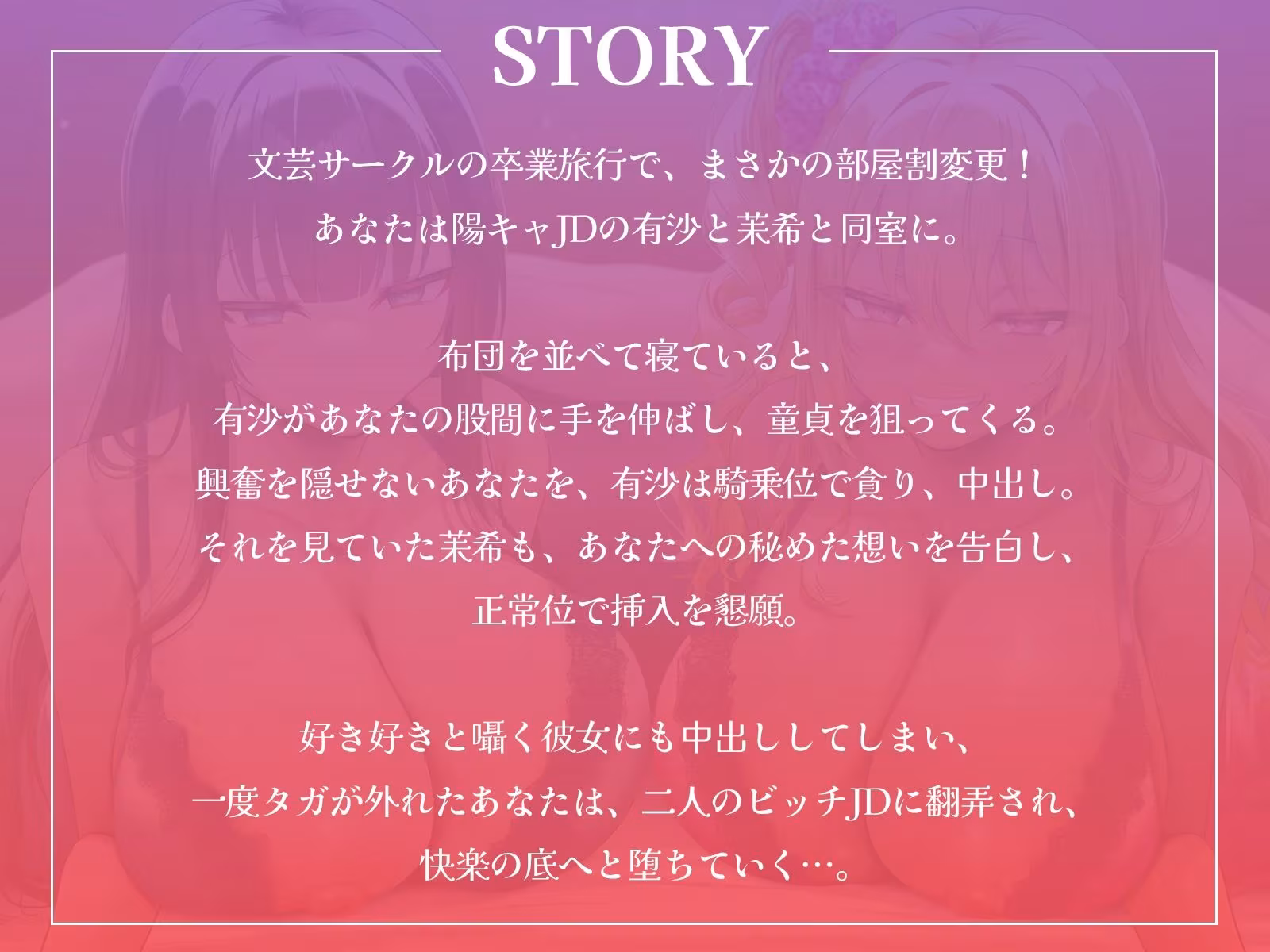 卒業旅行で部屋割急遽変更！？陽キャ女子二人に挟まれて陰キャなあなたの童貞が危ない！〜憧れの先輩ギャルと清楚系JDに逆レ●プされるハーレム旅行〜【KU100収録】