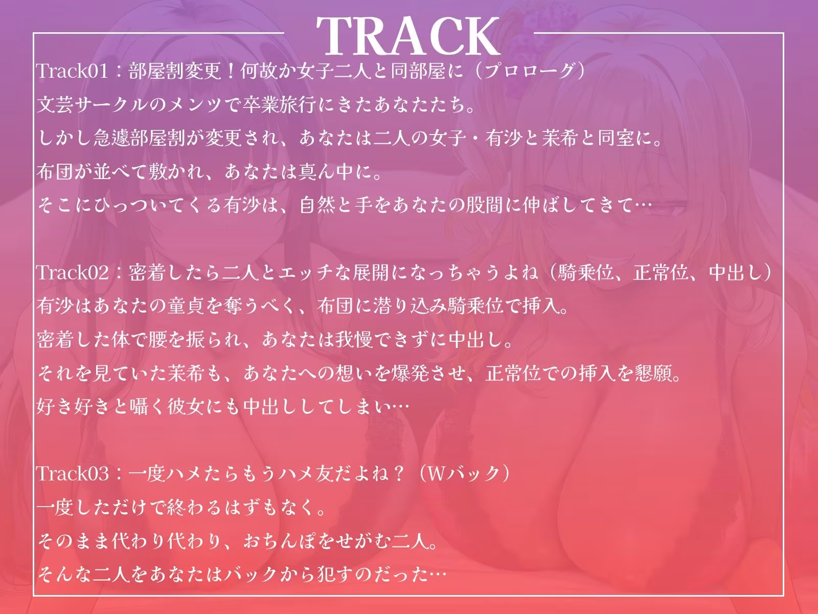 卒業旅行で部屋割急遽変更！？陽キャ女子二人に挟まれて陰キャなあなたの童貞が危ない！〜憧れの先輩ギャルと清楚系JDに逆レ●プされるハーレム旅行〜【KU100収録】