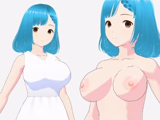 白いワンピースにシアン色の髪の巨乳お姉さん（セリフなし  3DCGモデル  イラスト集）