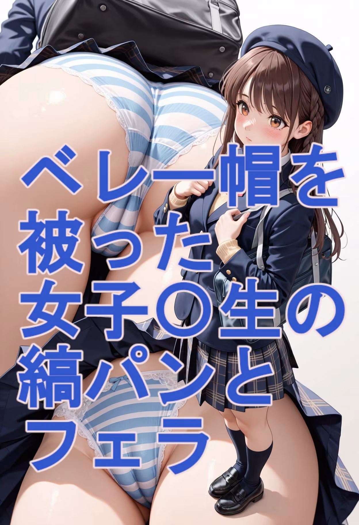 ベレー帽を被った女子〇生の縞パンとフェラ