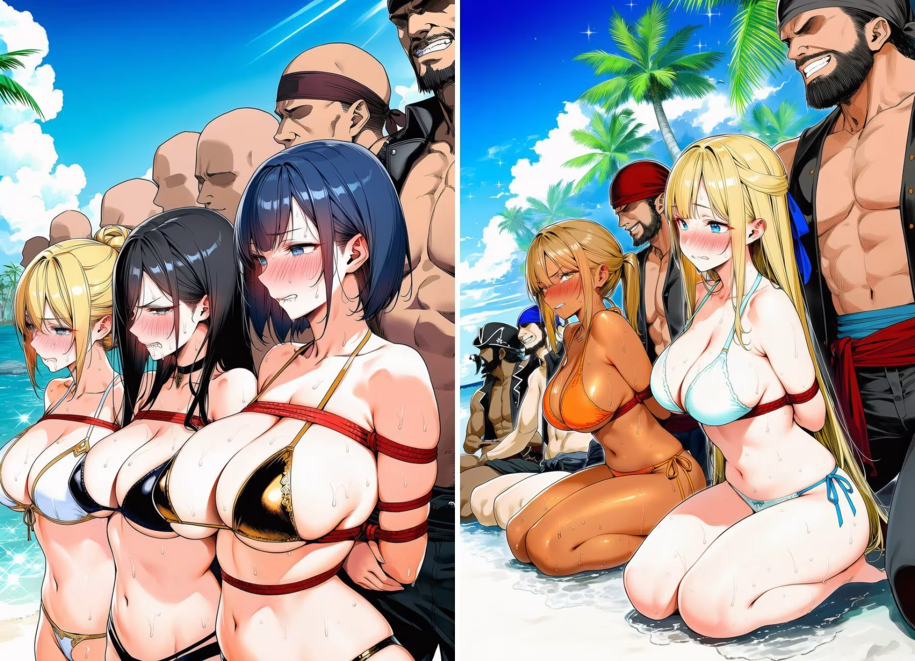 女戦士パーティー陥落記〜水着編 巨乳女戦士5人、南国の海賊島で堕とされる〜