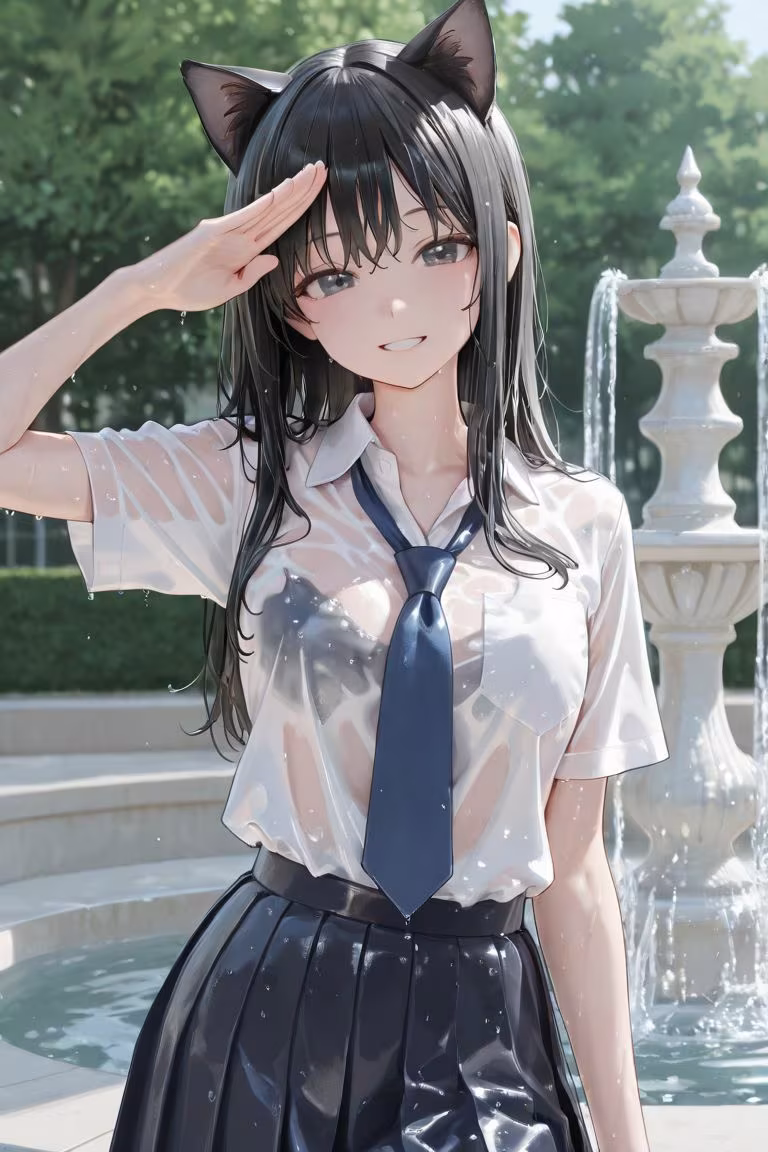 猫耳JKと噴水で