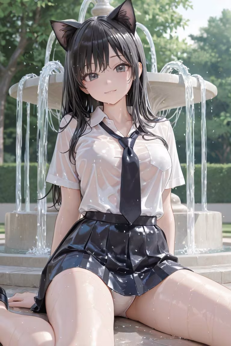猫耳JKと噴水で