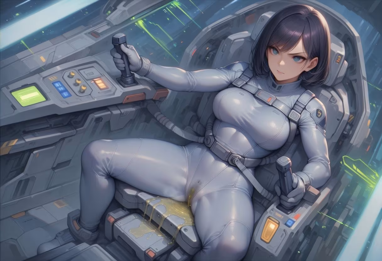 真剣な表情で失禁する女エースパイロット