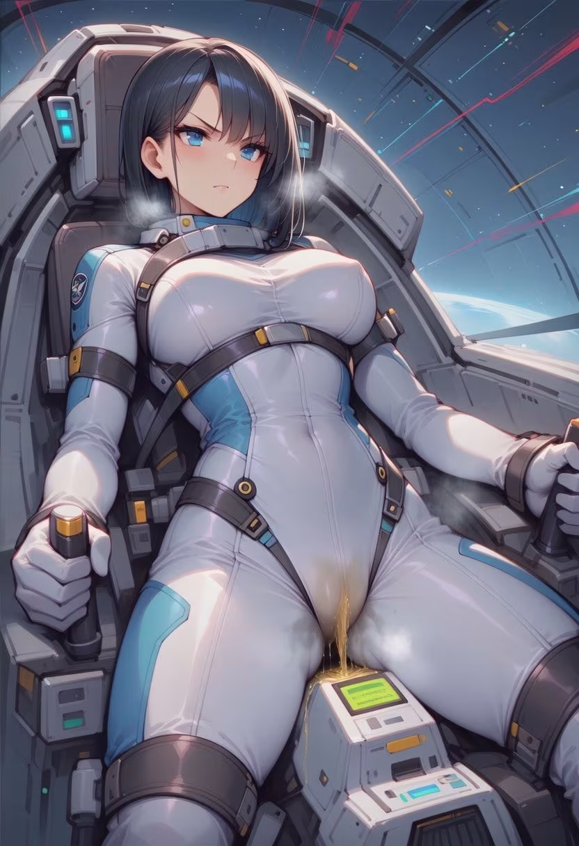 真剣な表情で失禁する女エースパイロット
