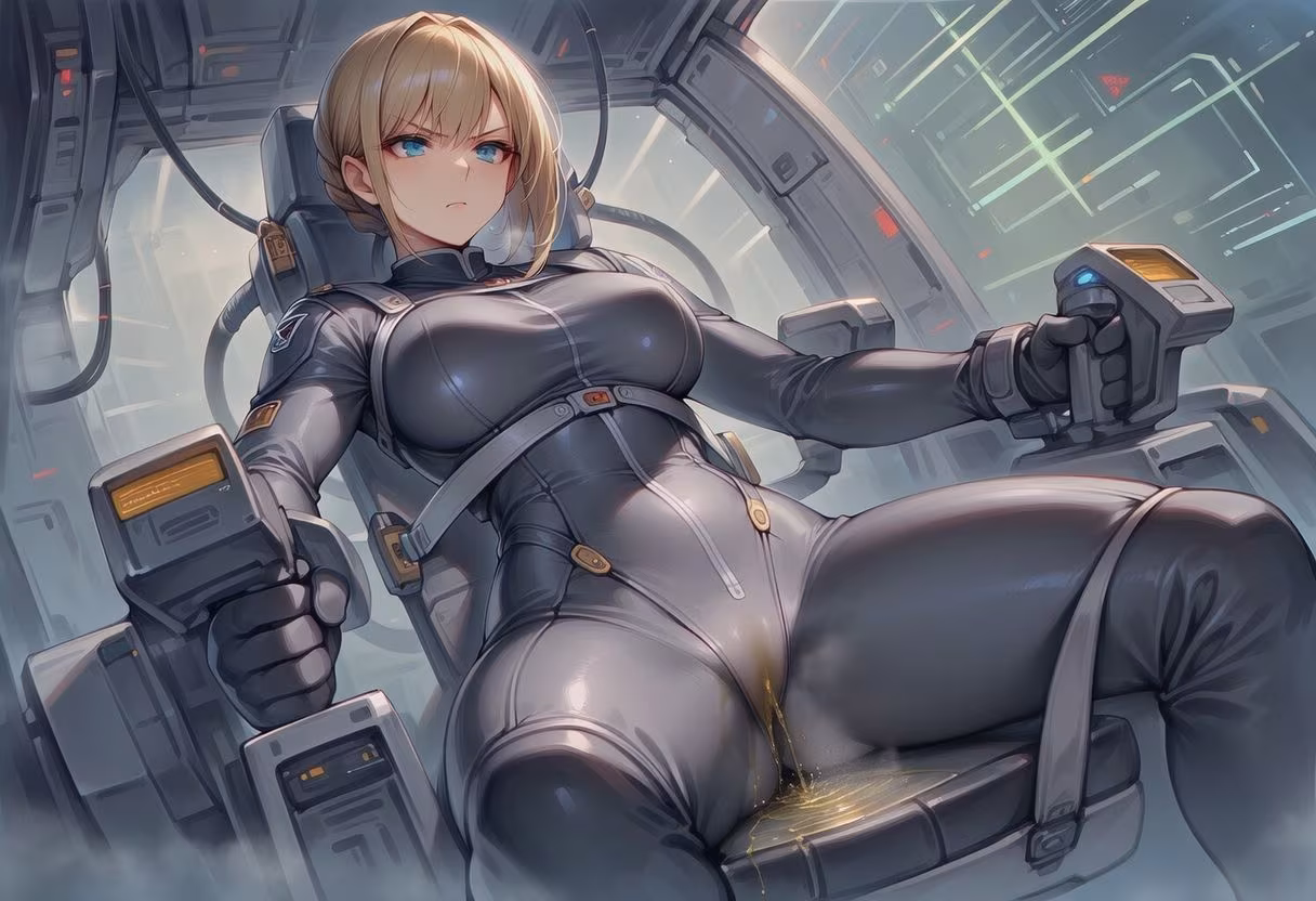 真剣な表情で失禁する女エースパイロット